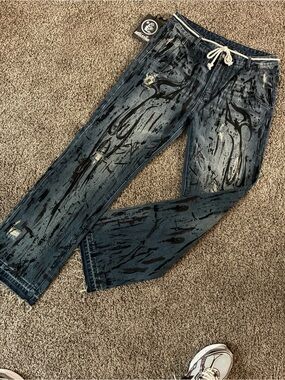 Men's Blue Straight Jeans with Black Paint-Effect — Drawstring Waist